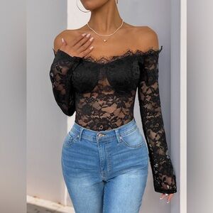 Perfee Lace Off-Shoulder Long Sleeve Bodysuit 10010047056